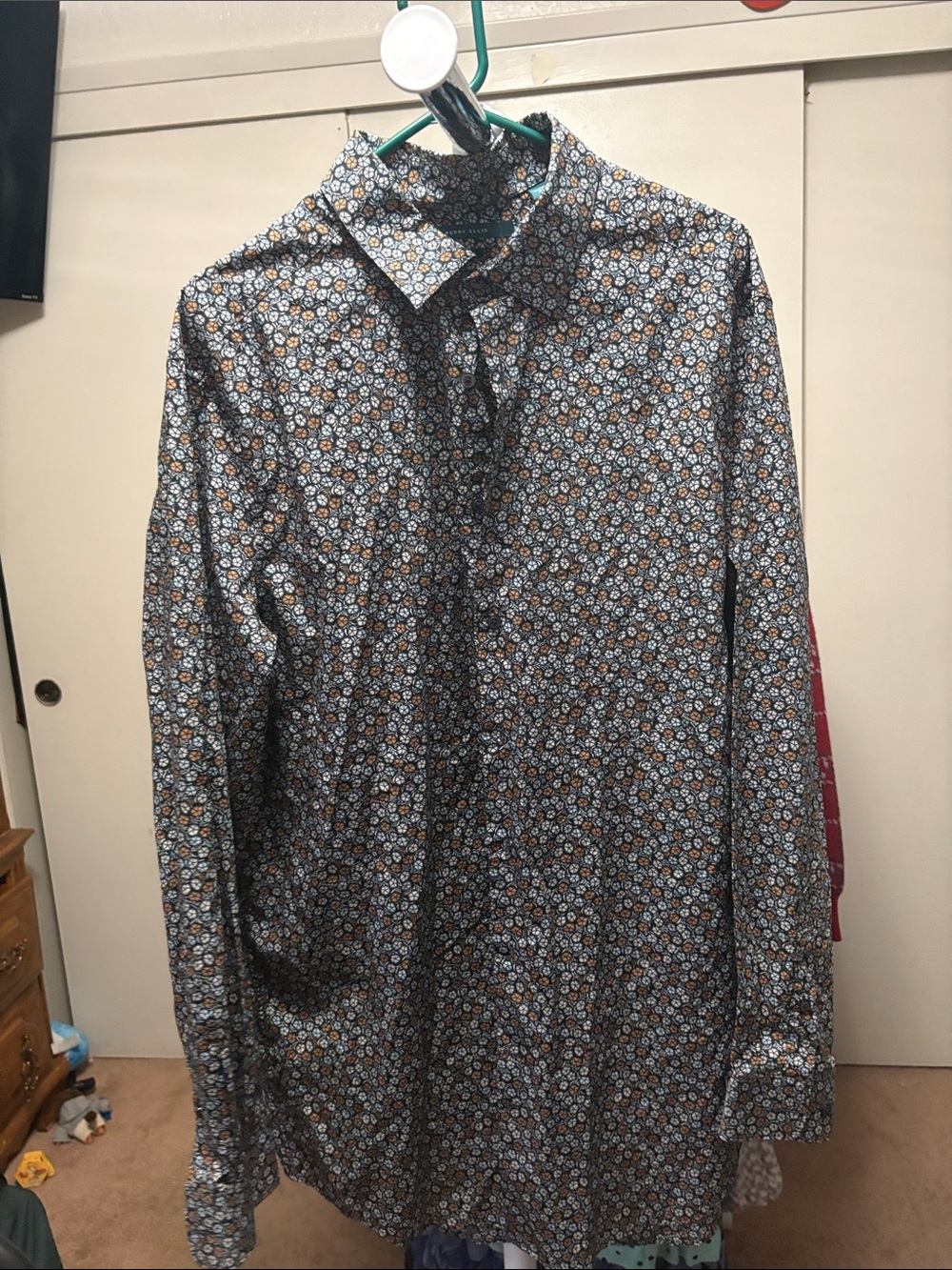 Perry Ellis Black Floral-Pattern Long-Sleeve Dress Shirt